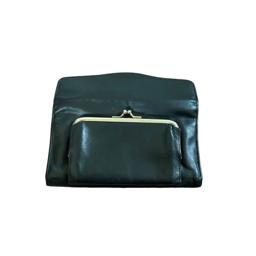 Vintage, Buxton, women’s, genuine, leather twofold, wallet, black, coin, purse